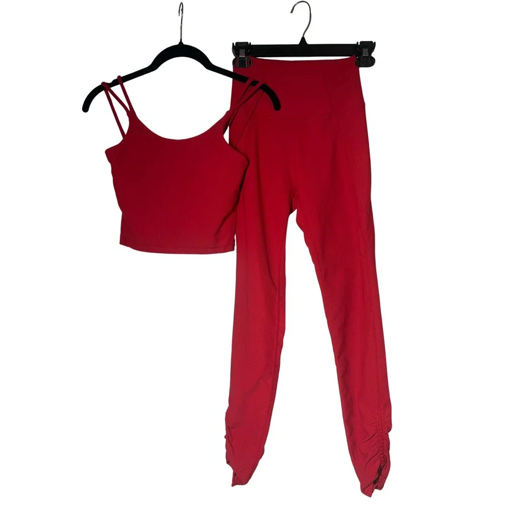 WILO Red Ribbed 2 Piece Activewear Set Strappy Crop Top Ruched Leggings -  XS